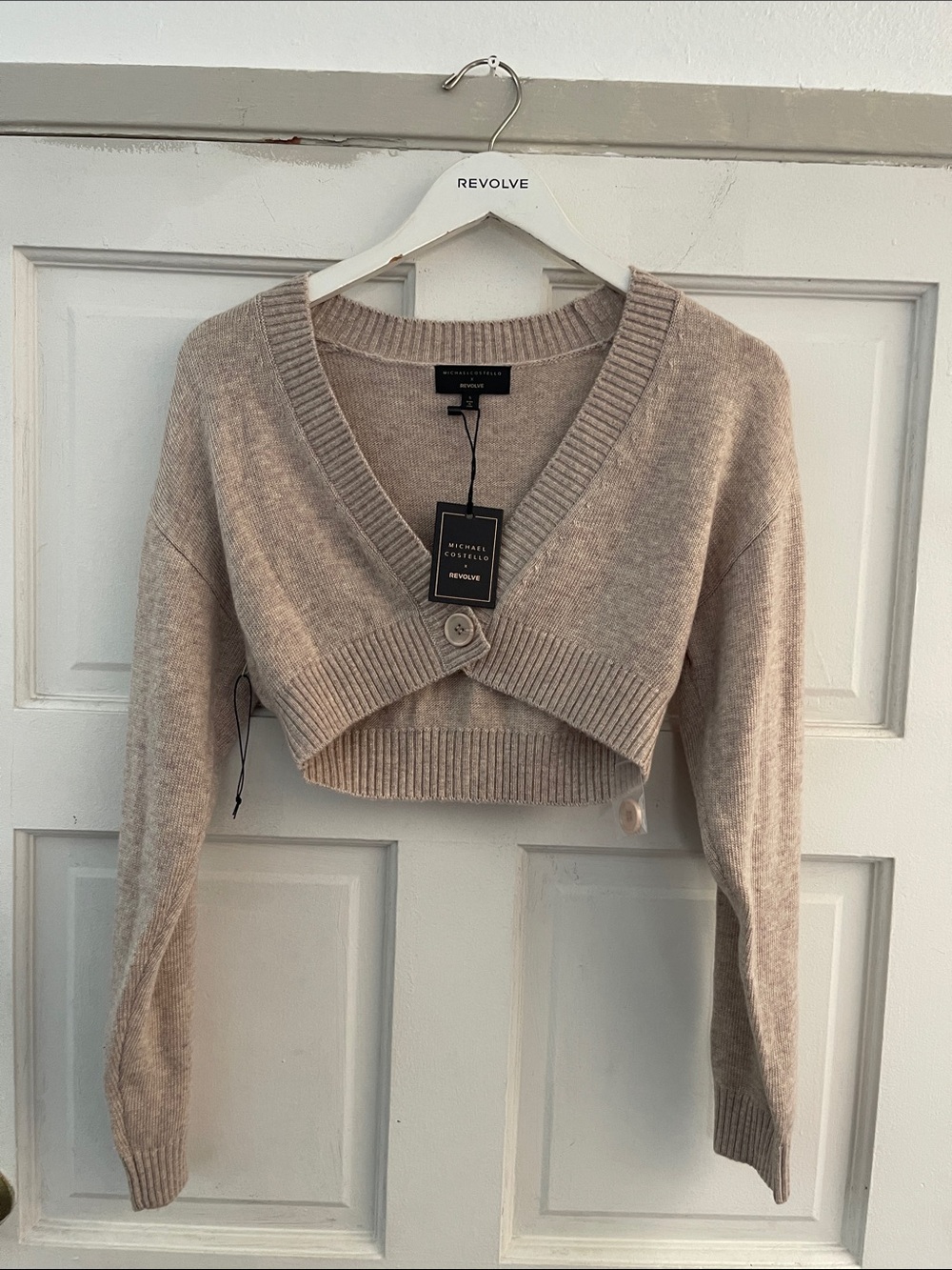Michael Costello Beige Cropped V-Neck Button Sweater